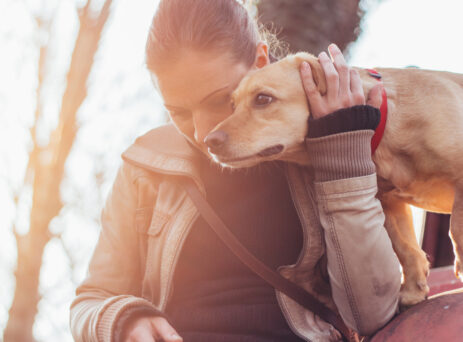 woman hugging family dog